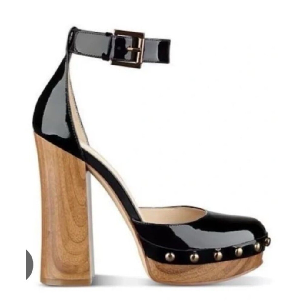 Nine West Cuzin Retro Black Patent Leather Platform Wood Heels 6 1/2